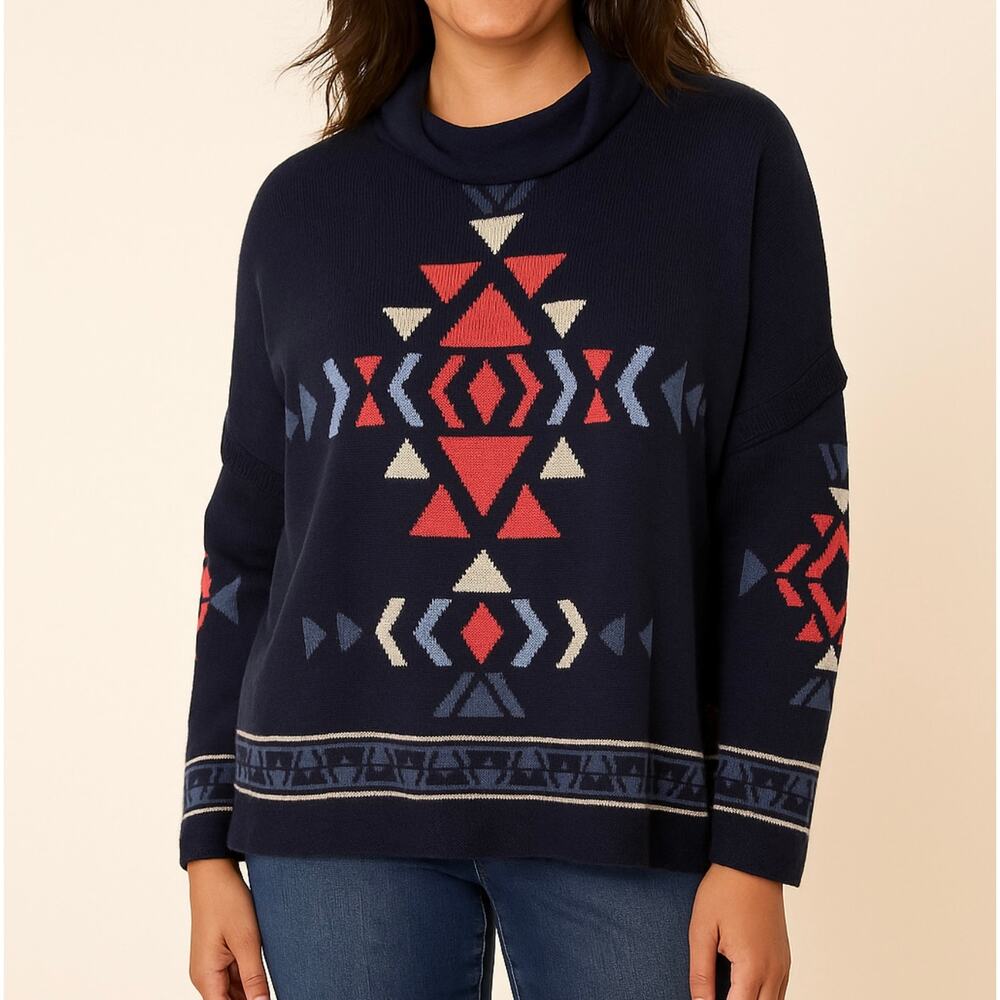 J. Jill Aztec Print Lightweight Cotton Blend Sweater Casual Cowl Neck SZ XL